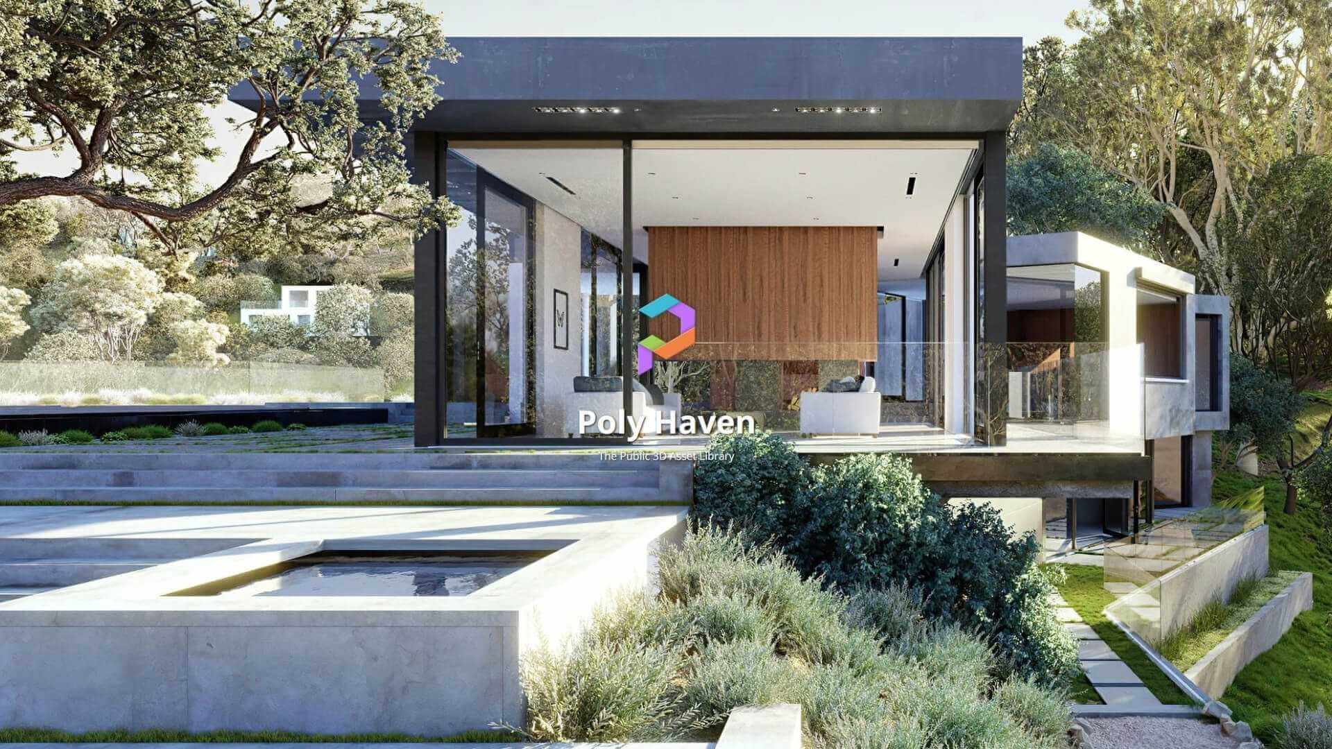 Picture of a house taken from the website Poly Haven with the Poly Haven logo