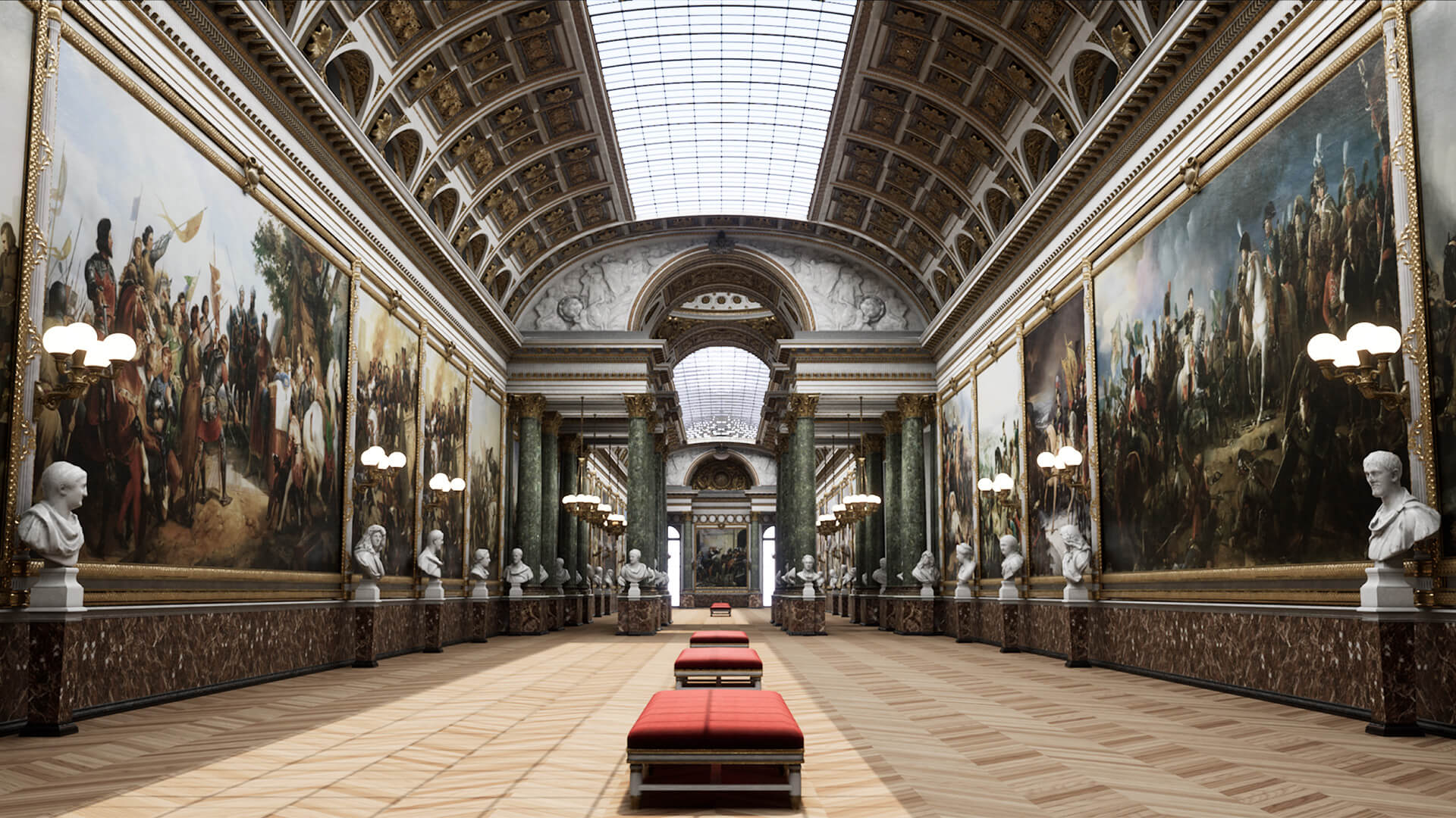 Inside an art gallery with a glass roof