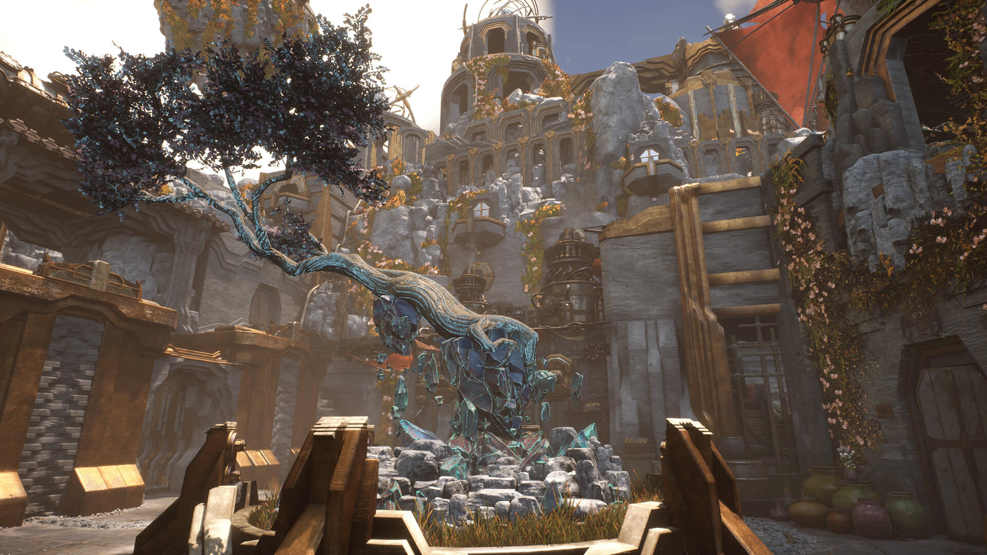 A blue crystal tree in the centre of a temple
