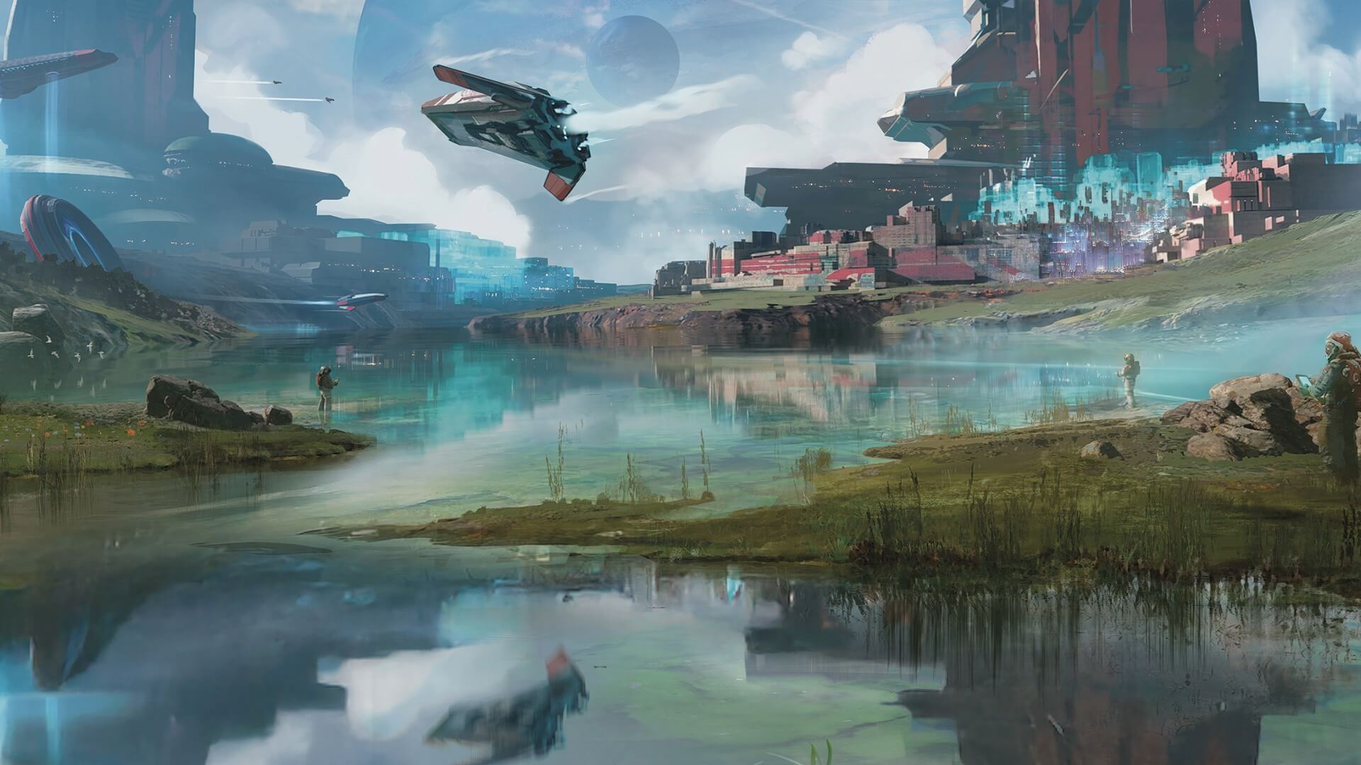 Concept art of futuristic ships flying over a river on an alien planet