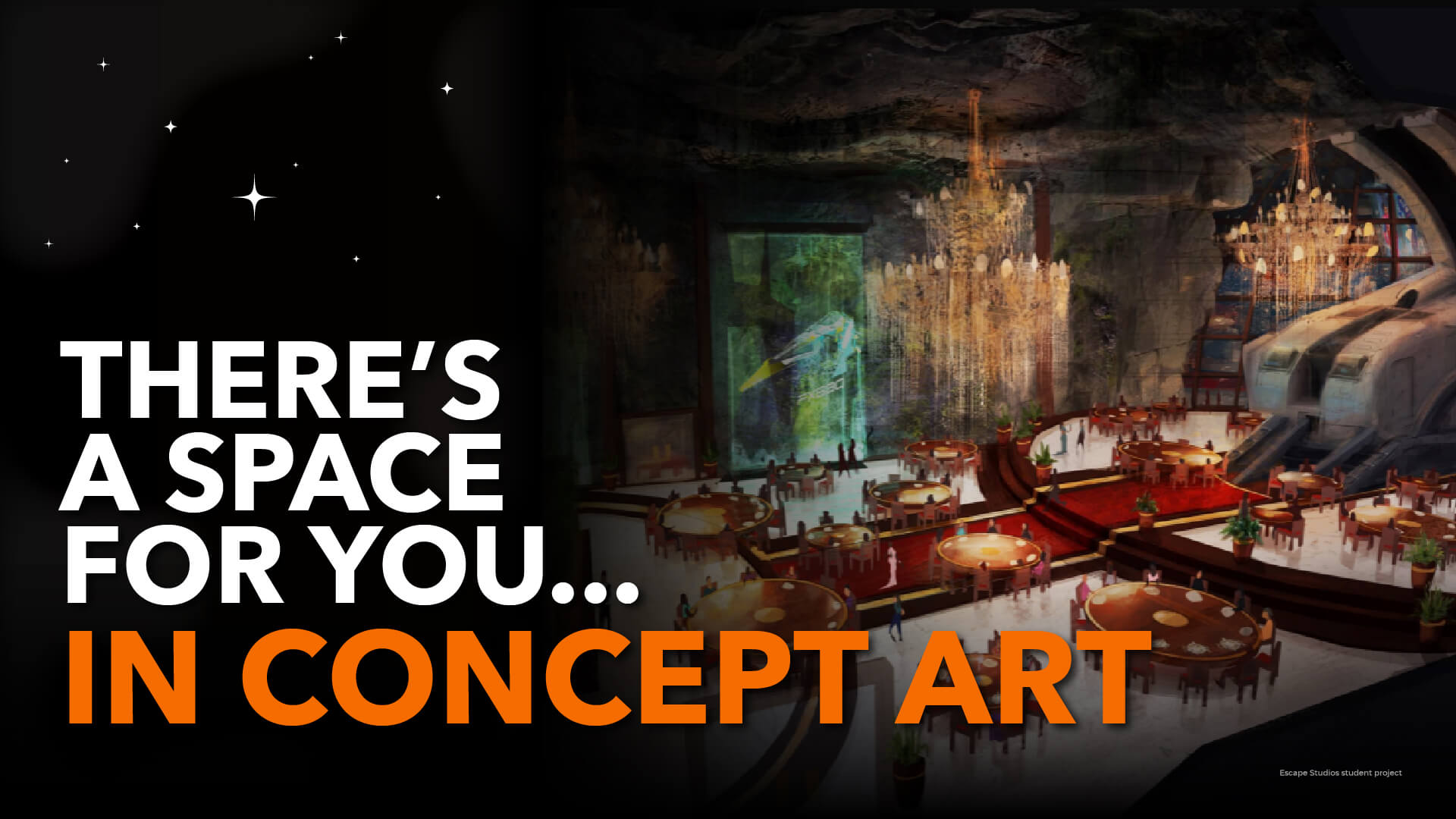 Concept Art student work showing an elevated ballroom with round dining tables and elaborate gold chandeliers