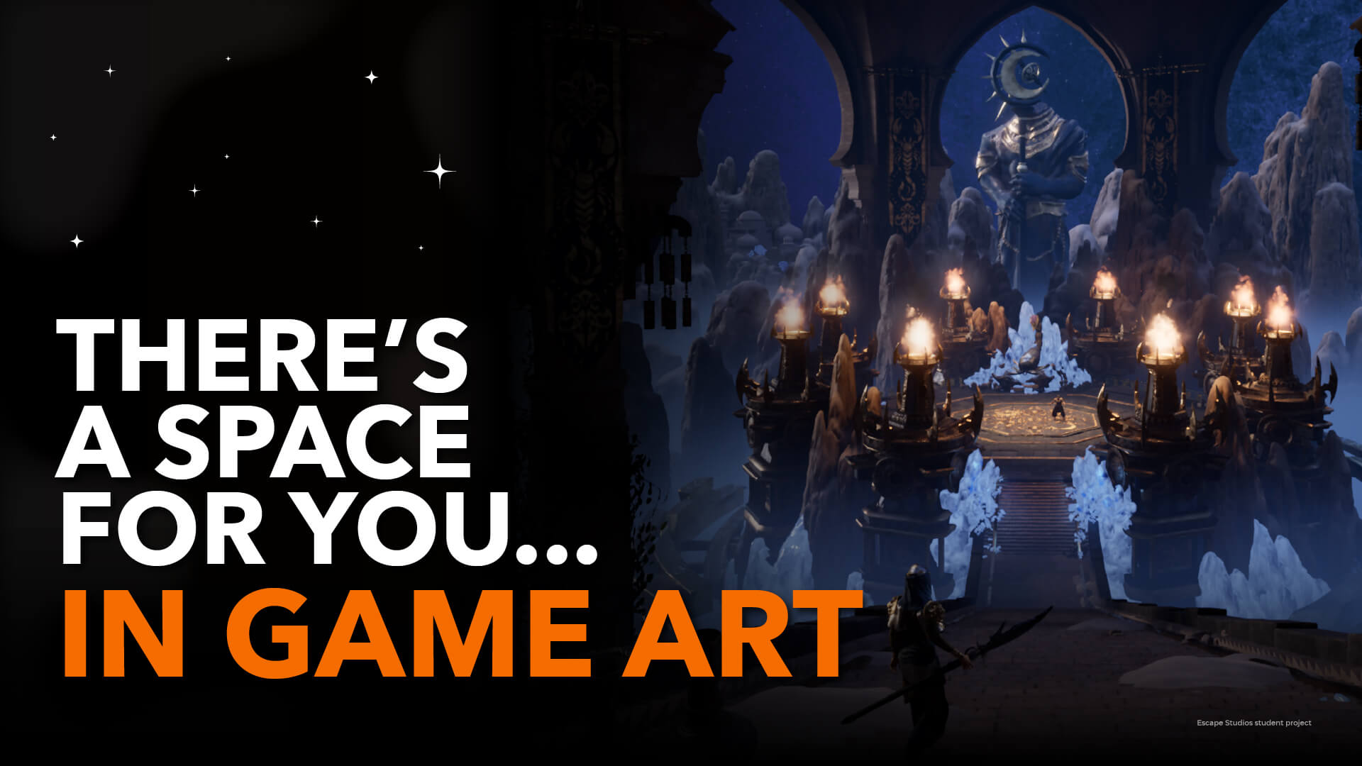 Student work showing a dramatic game environment. Text reads: There's a space for you in game art