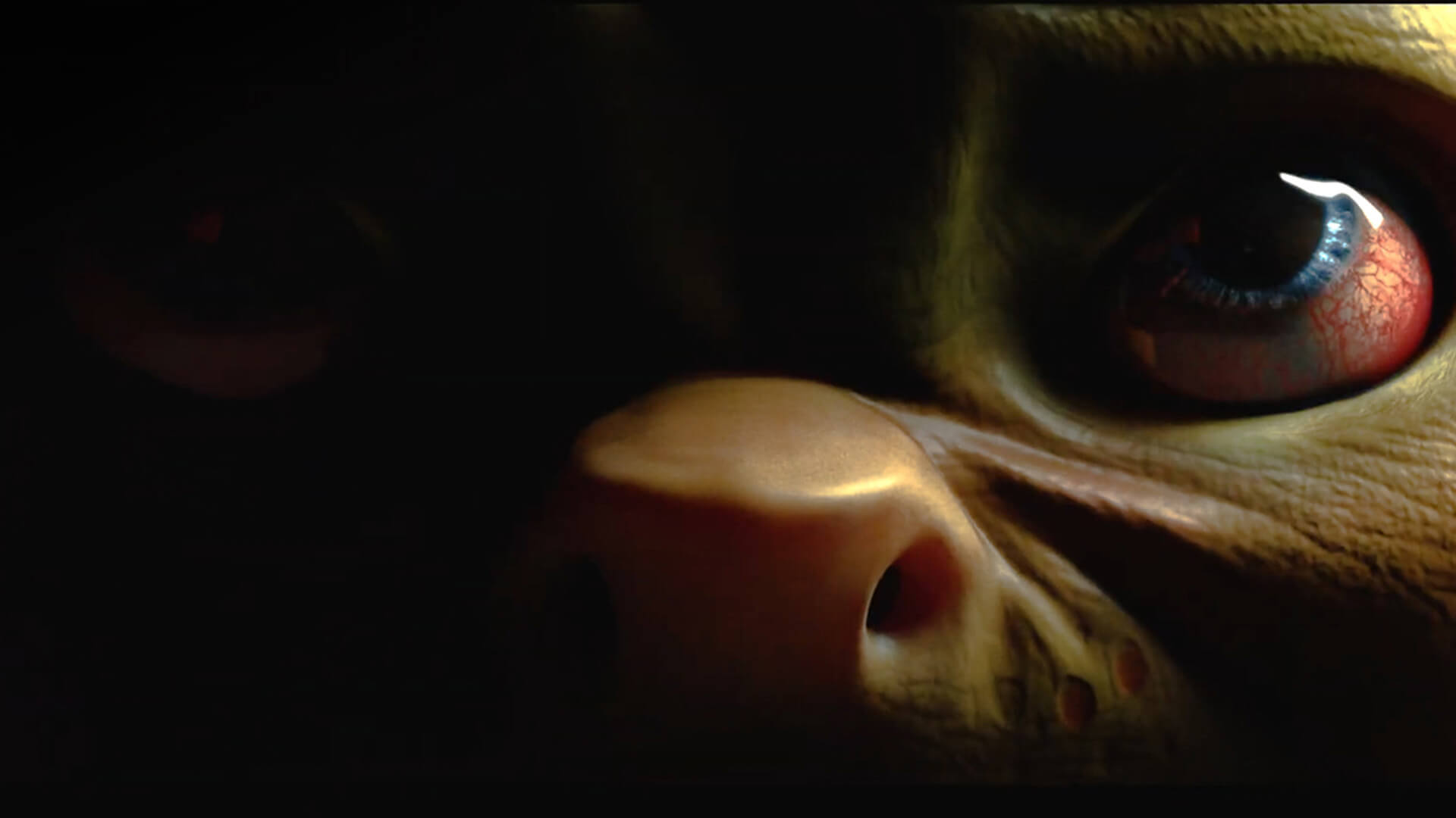 Zoomed in shot of green character with big eyes and nose
