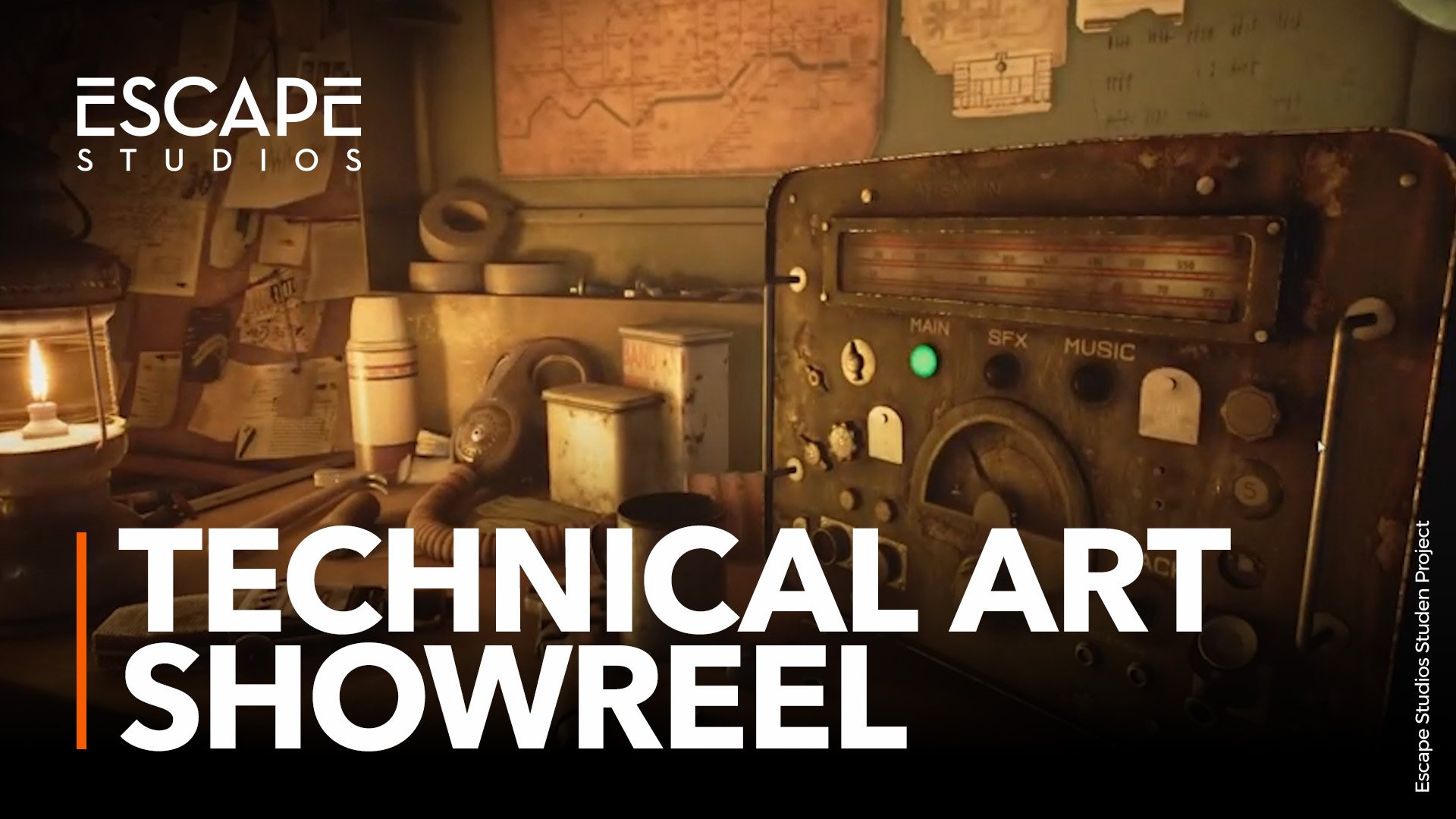 video thumbnail shows an animated table covered in WW2-era items. Text reads: Technical Art Showreel