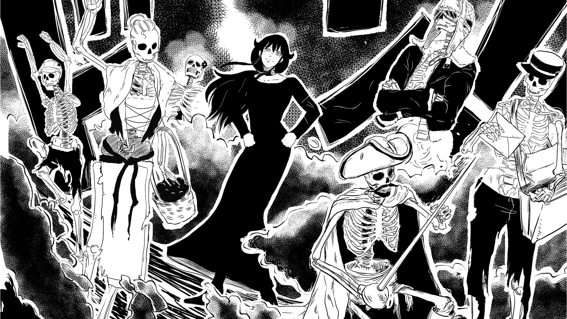 Manga artwork showing a character with a long dark dress in the centre, surrounded by skeletons with impressive outfits on.