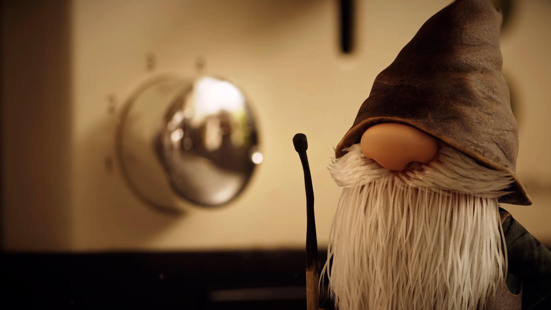 Animated gnome wearing a pointed hat with a big white beard