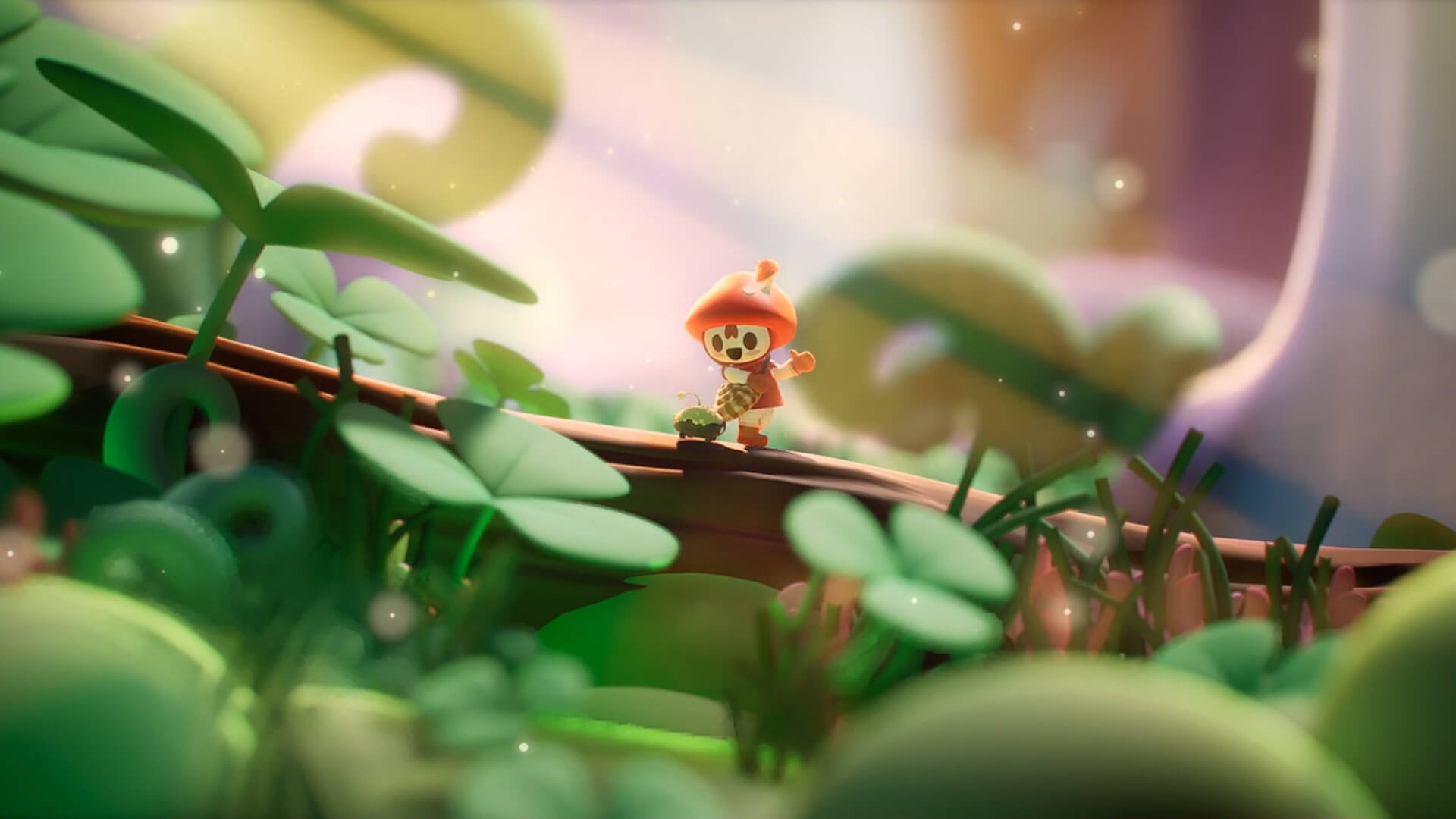 Animated character walking along a fallen tree branch amongst clover