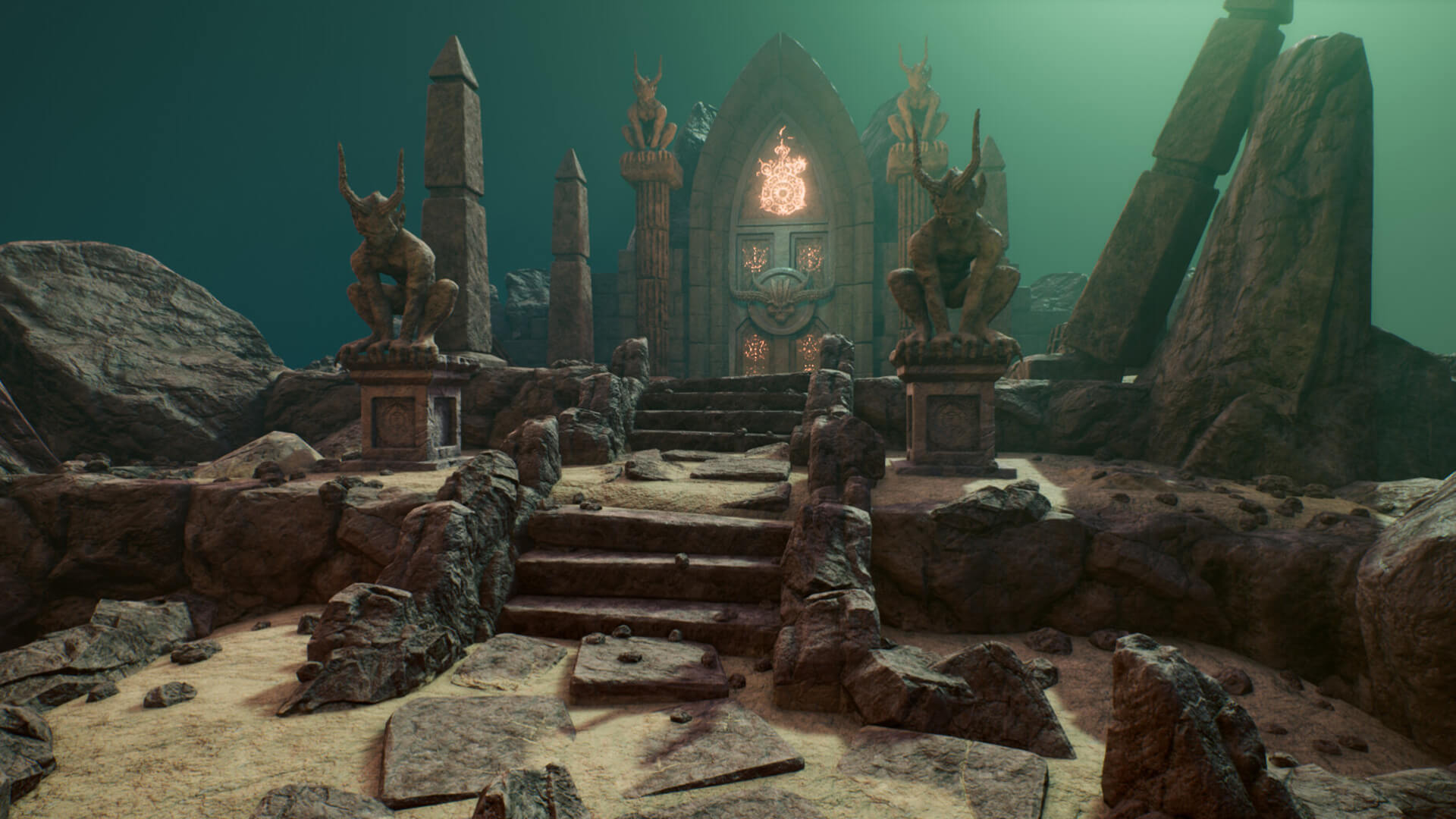A mythical door surrounded by stone statues and pillars