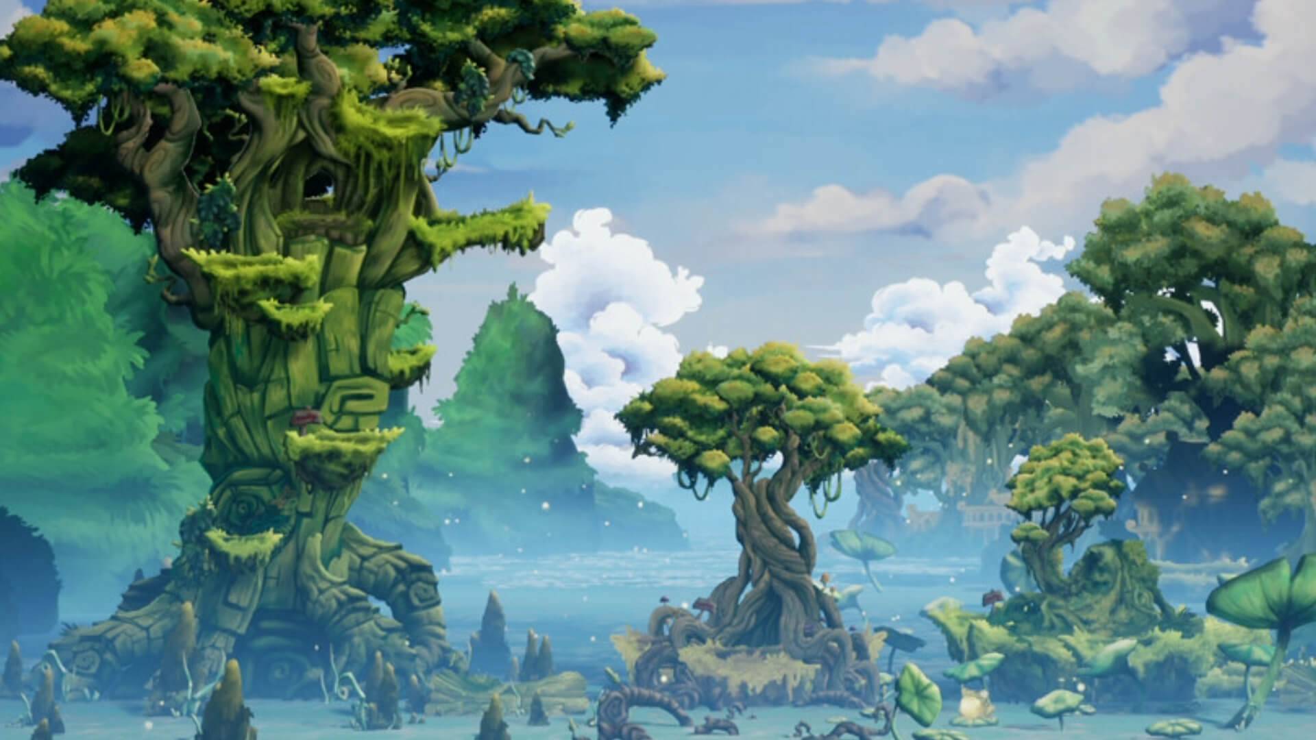 a misty jungle landscape showing lake or river and giant green trees