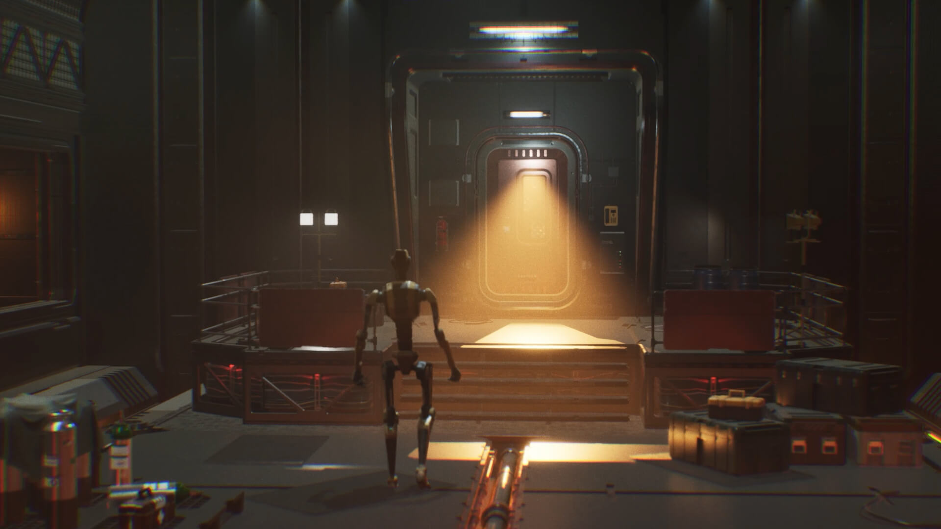Robot walking towards a metallic door with a light beam shining over it
