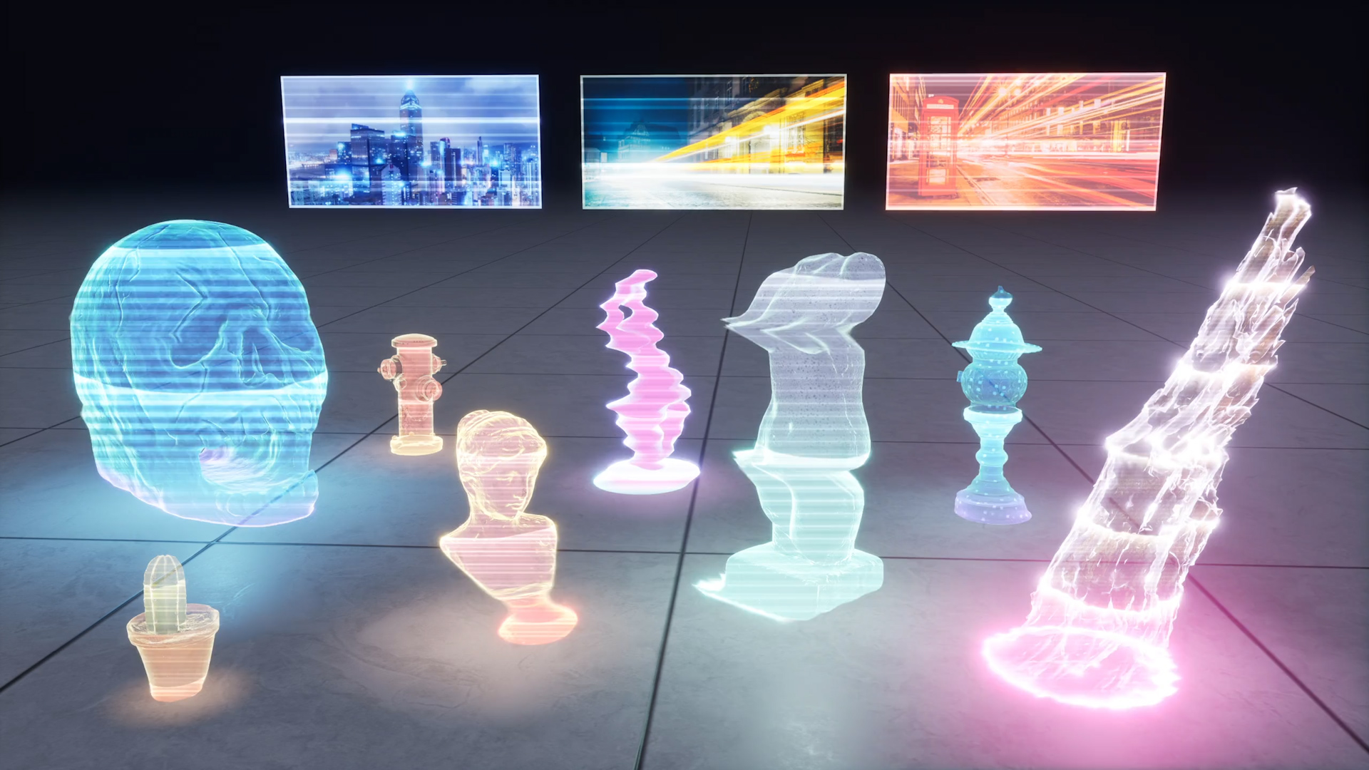 Neon holograms on a grey tiled floor