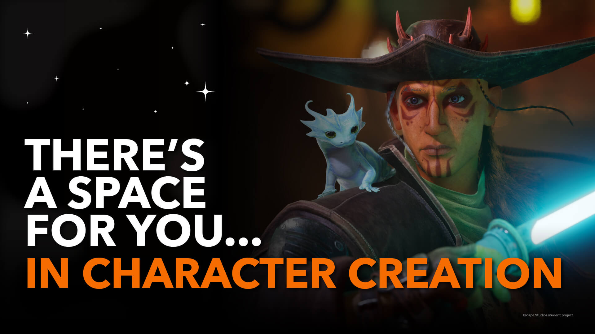 Student work showing a pirate type character holding a blue lightsabre with a gecko on his shoulder
