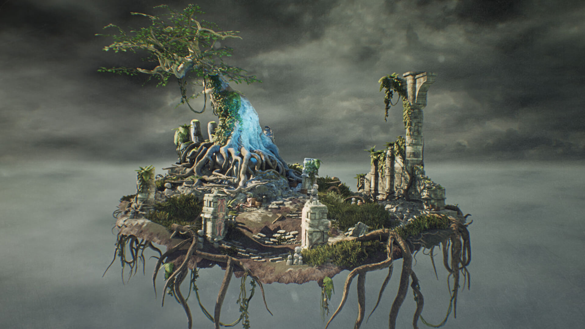 An ancient floating blue and green tree diorama