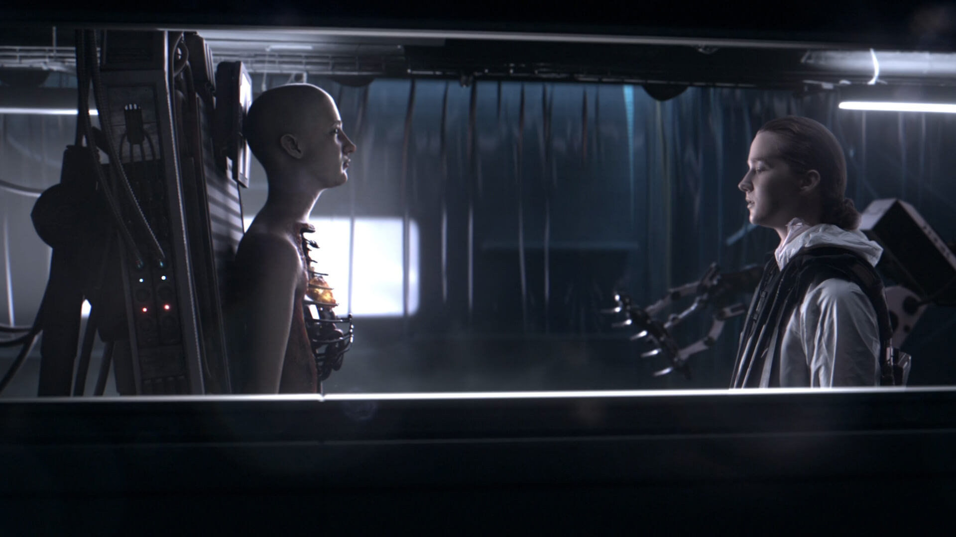 A human facing a human cyborg