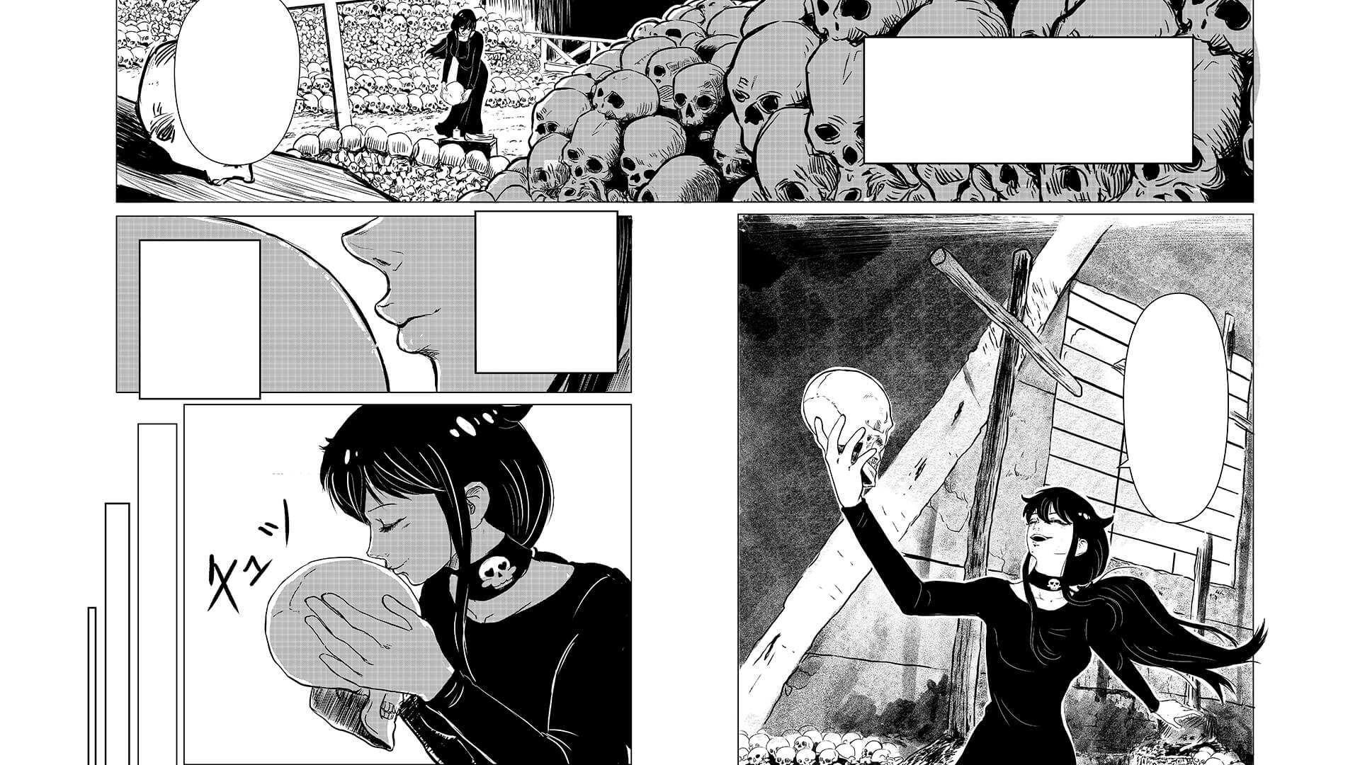 Manga artwork with four panels. Character with dark hair approaches a pile of skulls, picks one up and kisses the forehead