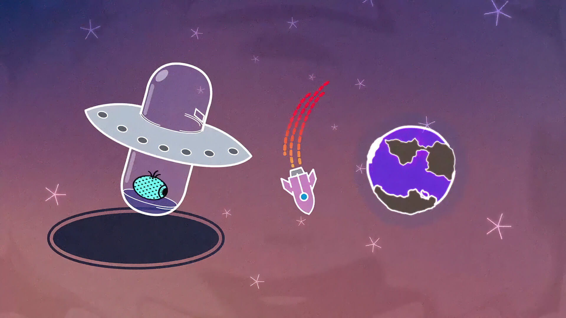 Motion Graphics artwork showing a spaceship flying round a planet and alien looking on, purple background with stars.
