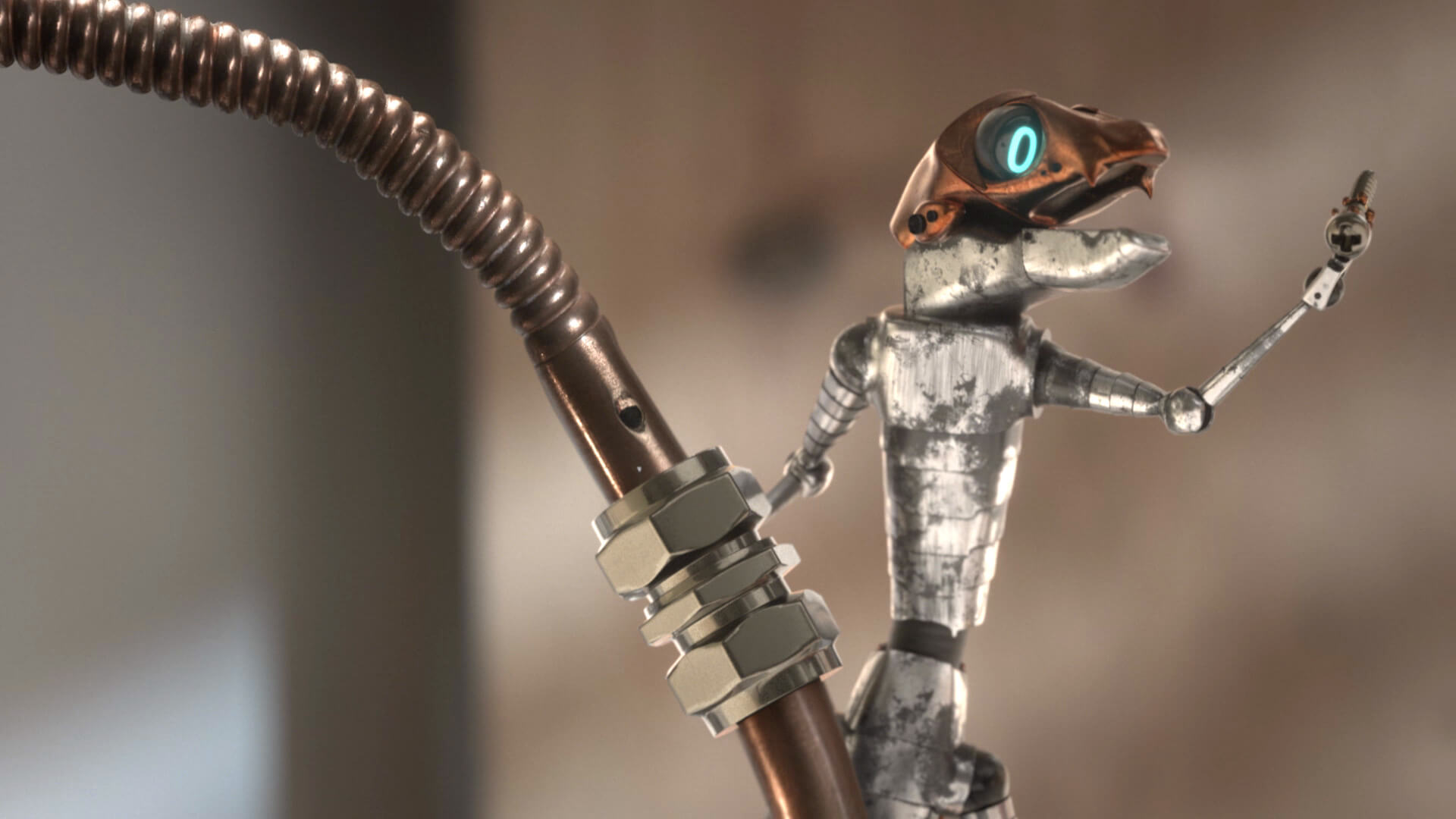 A screenshot from a student film showing a metal lizard holding onto a pipe