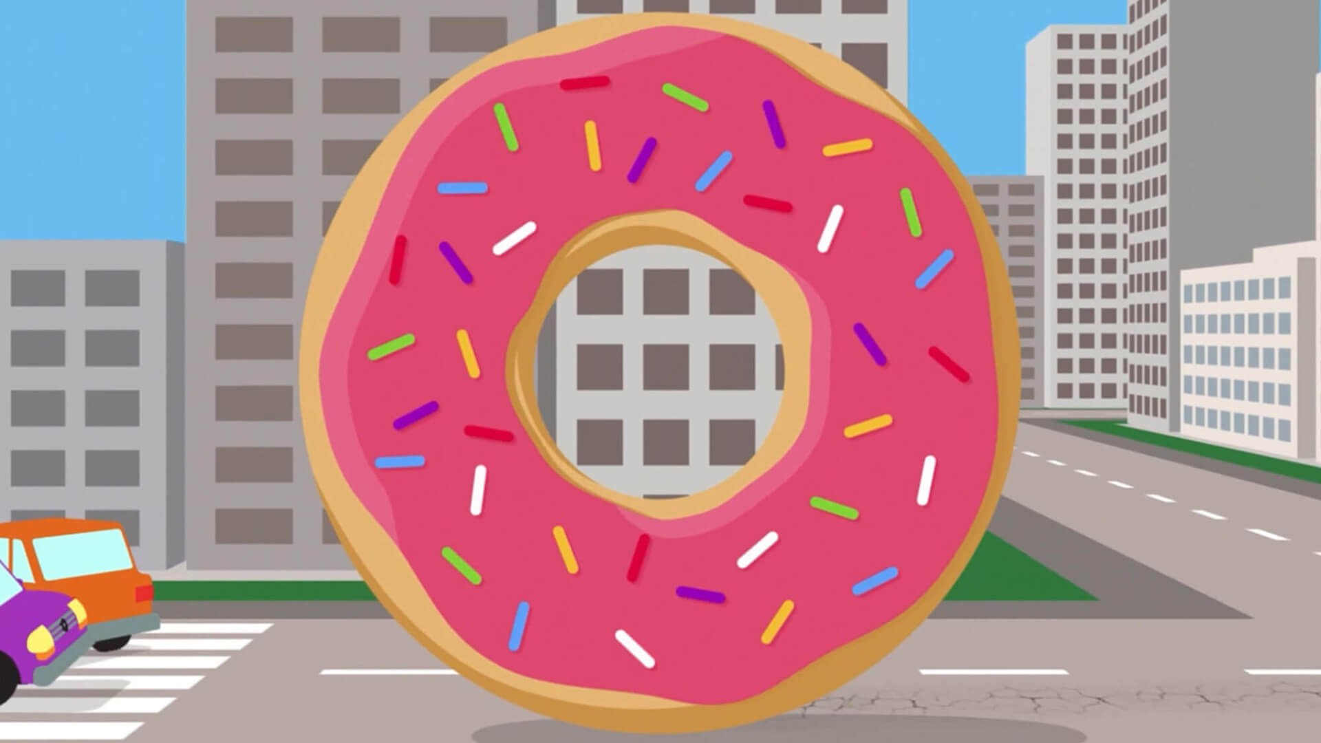 A cartoon pink doughnut rolling through skyscrapers
