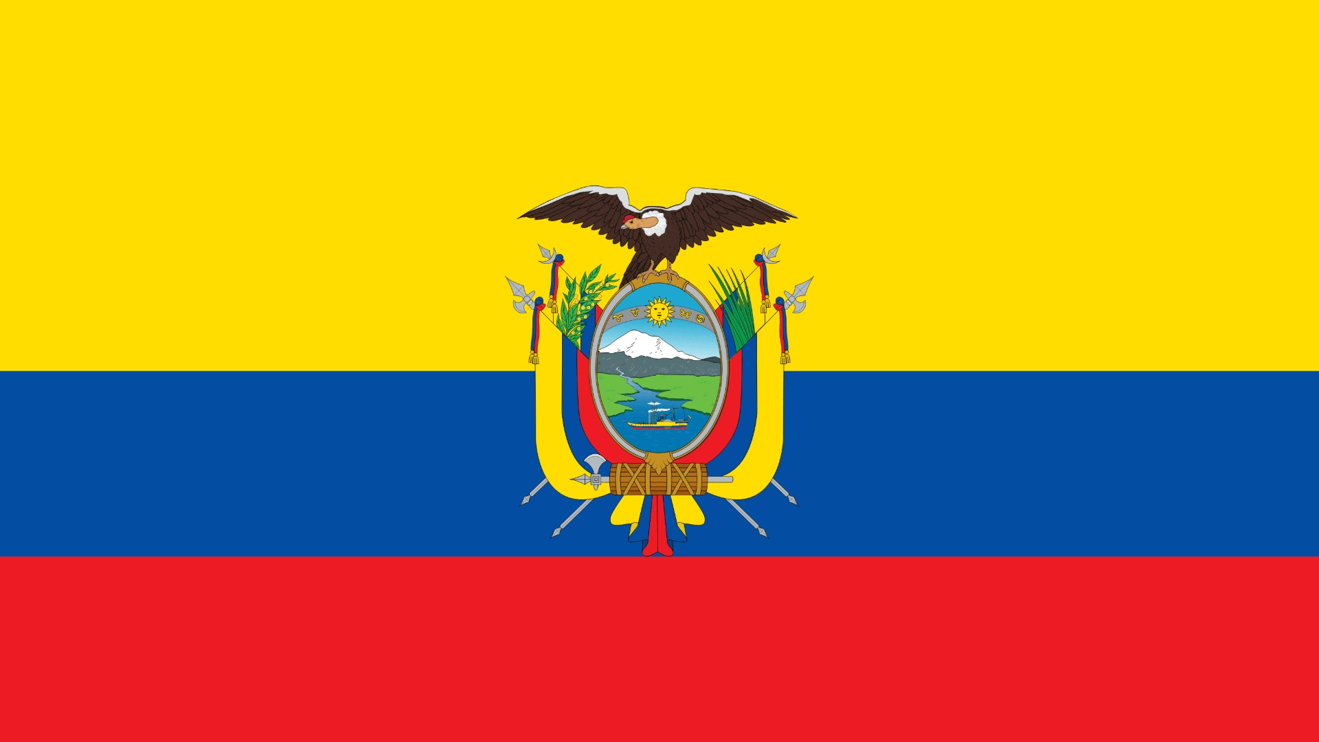 Flag of Ecuador with yellow, blue, and red stripes and a coat of arms featuring a condor, shield, mountain, and ship.